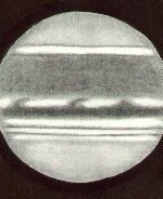 Jupiter, drawn by Ken Clarke, as viewed through a 10″ F4.3 Reflector, 308x. w1=297.5deg, w2=353.6deg, seeing 3/5, at 20:15 UTC on April 27th, 1991