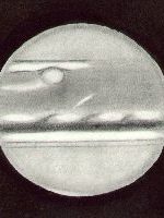 Jupiter, drawn by Ken Clarke, as viewed through a 10″ F4.3 Reflector, 308x. w1=303deg, w2=53deg, seeing 3-4/5, at 21:05 UTC on April 19th, 1991