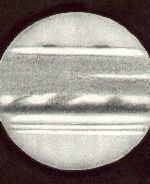 Jupiter, drawn by Ken Clarke, as viewed through a 10″ F4.3 Reflector, 308x. w1=9.5deg, w2=80.6deg, seeing 3/5, at 22:00 UTC on April 25th, 1991